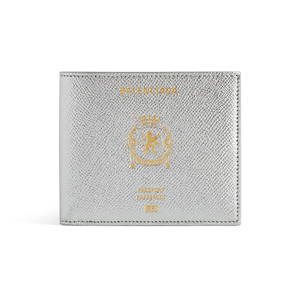 Balenciaga Men' Passport Square Folded Wallet in Silver Compact Wallet: Fashionable High-Street Square Card Holder Bag Bags Metallic-colored Leather Tends To Fade Easily #82419A