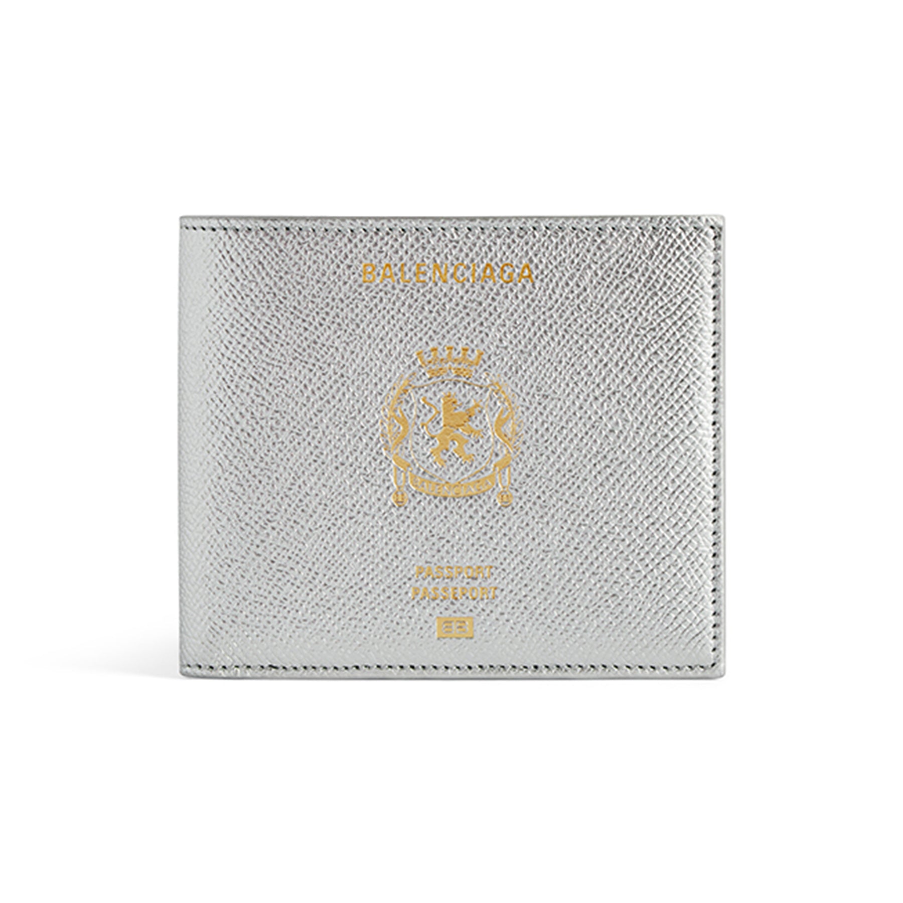Balenciaga Men' Passport Square Folded Wallet in Silver Compact Wallet: Fashionable High-Street Square Card Holder Bag Bags Metallic-colored Leather Tends To Fade Easily #82419A