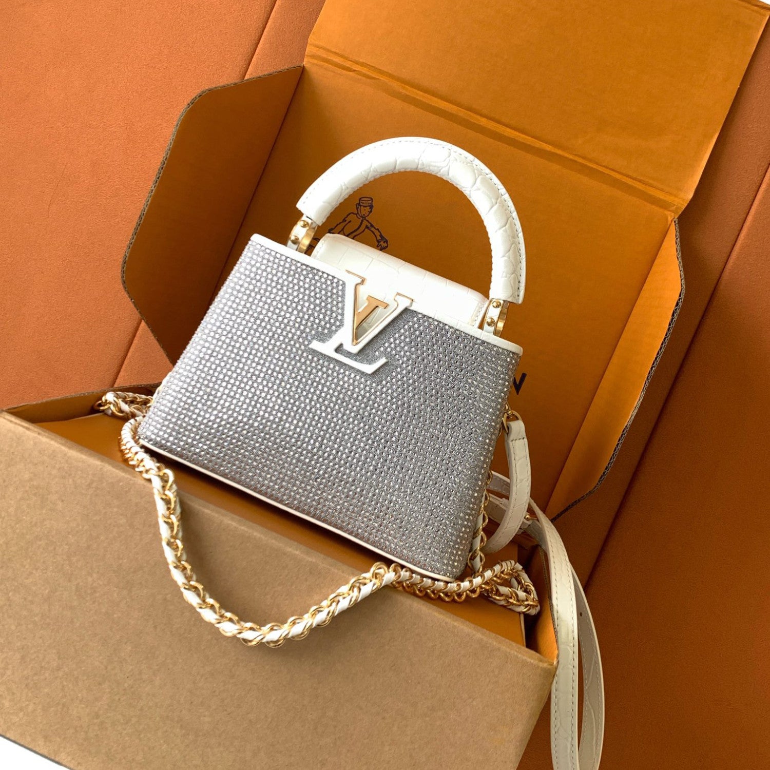 Louis Vuitton Women's Fashion Classic Crocodile Patterned Handbag With Hand Embedded Diamond Logo Letter Badge Dual-strap Tote Crossbody Bag Shoulder White Bag Bags #79287