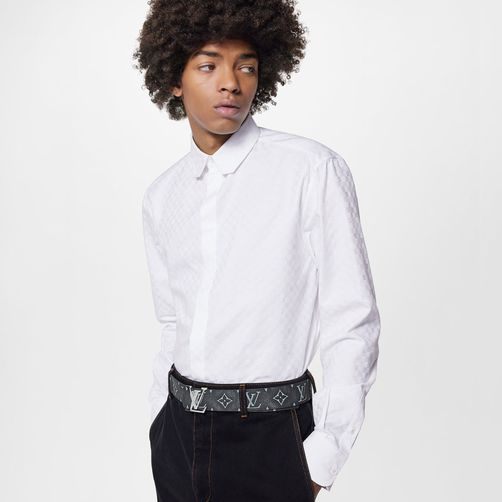 Louis Vuitton Men's DNA Collar Regular Spring and Autumn White Buttoned Lapel Checkerboard Print Long Sleeve Shirt #98172