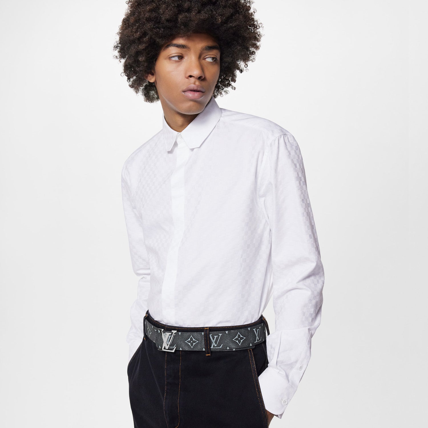 Louis Vuitton Men's DNA Collar Regular Spring and Autumn White Buttoned Lapel Checkerboard Print Long Sleeve Shirt #98172