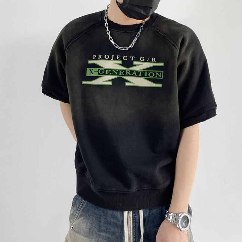 GRAILZ Project G/R Men's Rugby Styling Spring. Fall And Winter Do Old Loose Letters Printed Round Neck Short Sleeve Cotton Sweatshirt Ngvp #1677