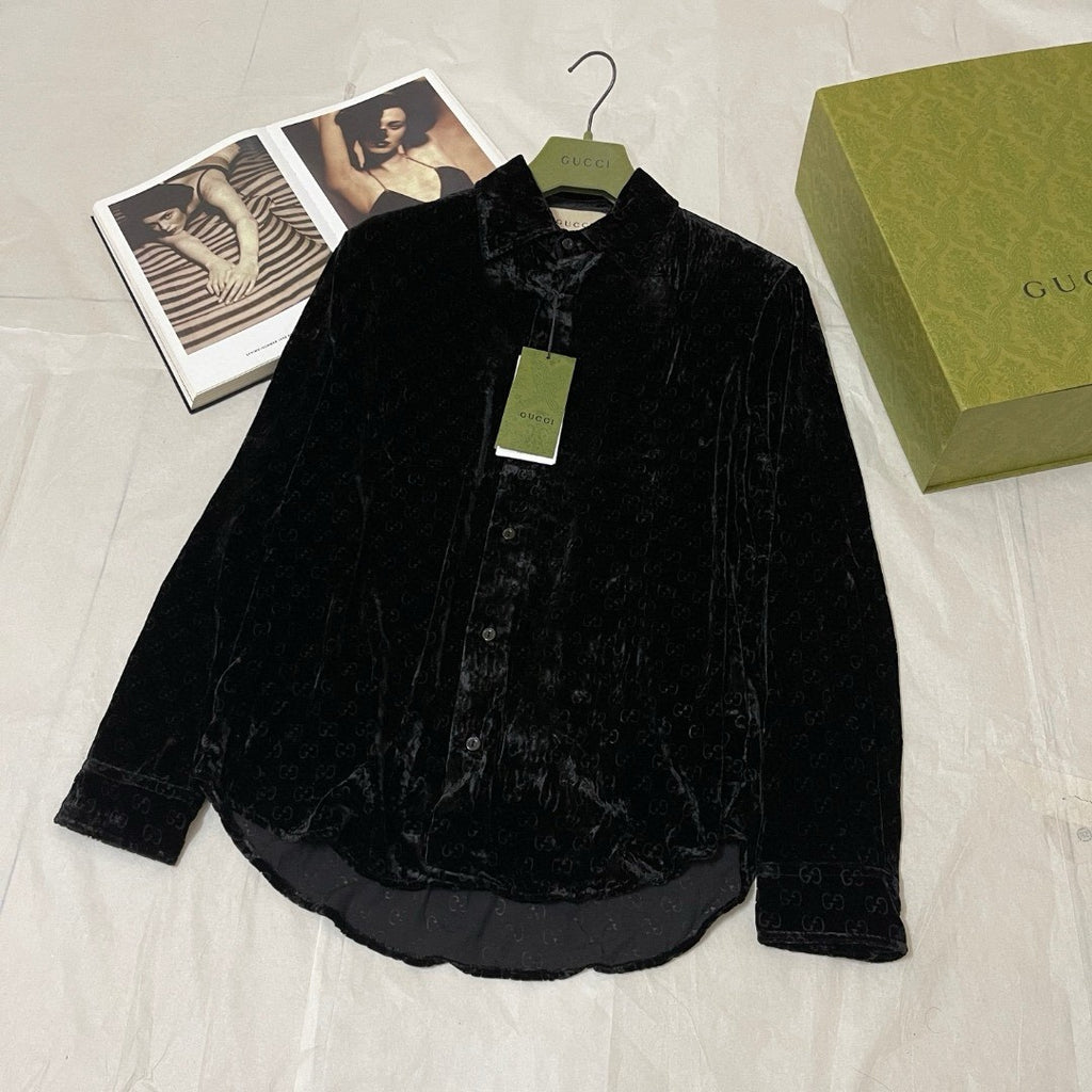 Gucci Men's Spring And Fall Black Logo Pattern Printed Velvet Single breasted Long Sleeved Shirt #72673