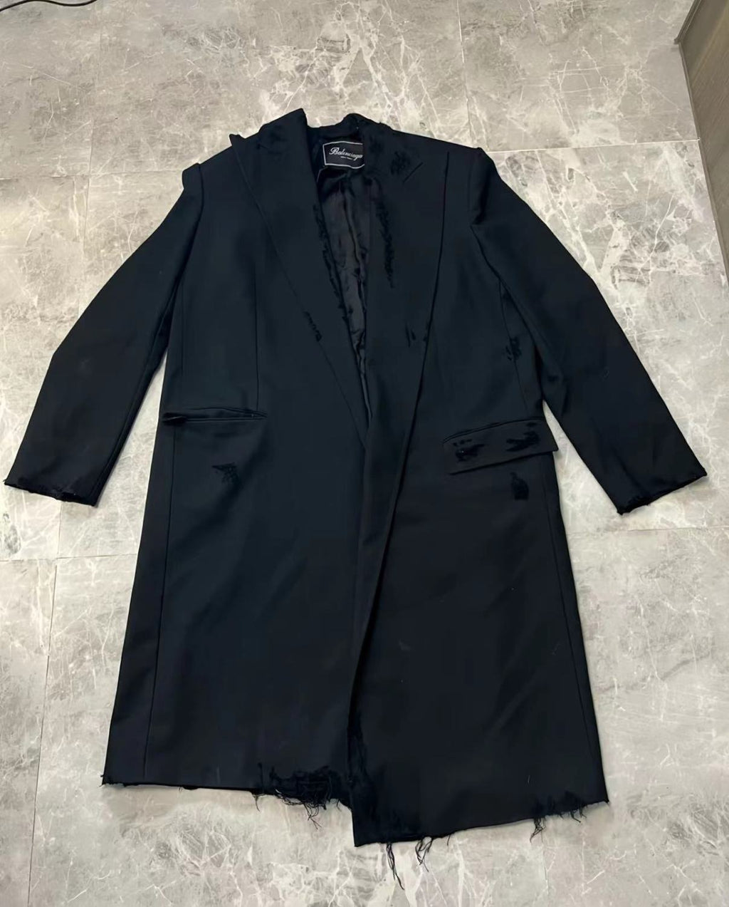 Balenciaga Men's Women's Spring And Autumn Doing Old Shoulder Pads Destroyed Loose Long Black Coat Jacket #7814