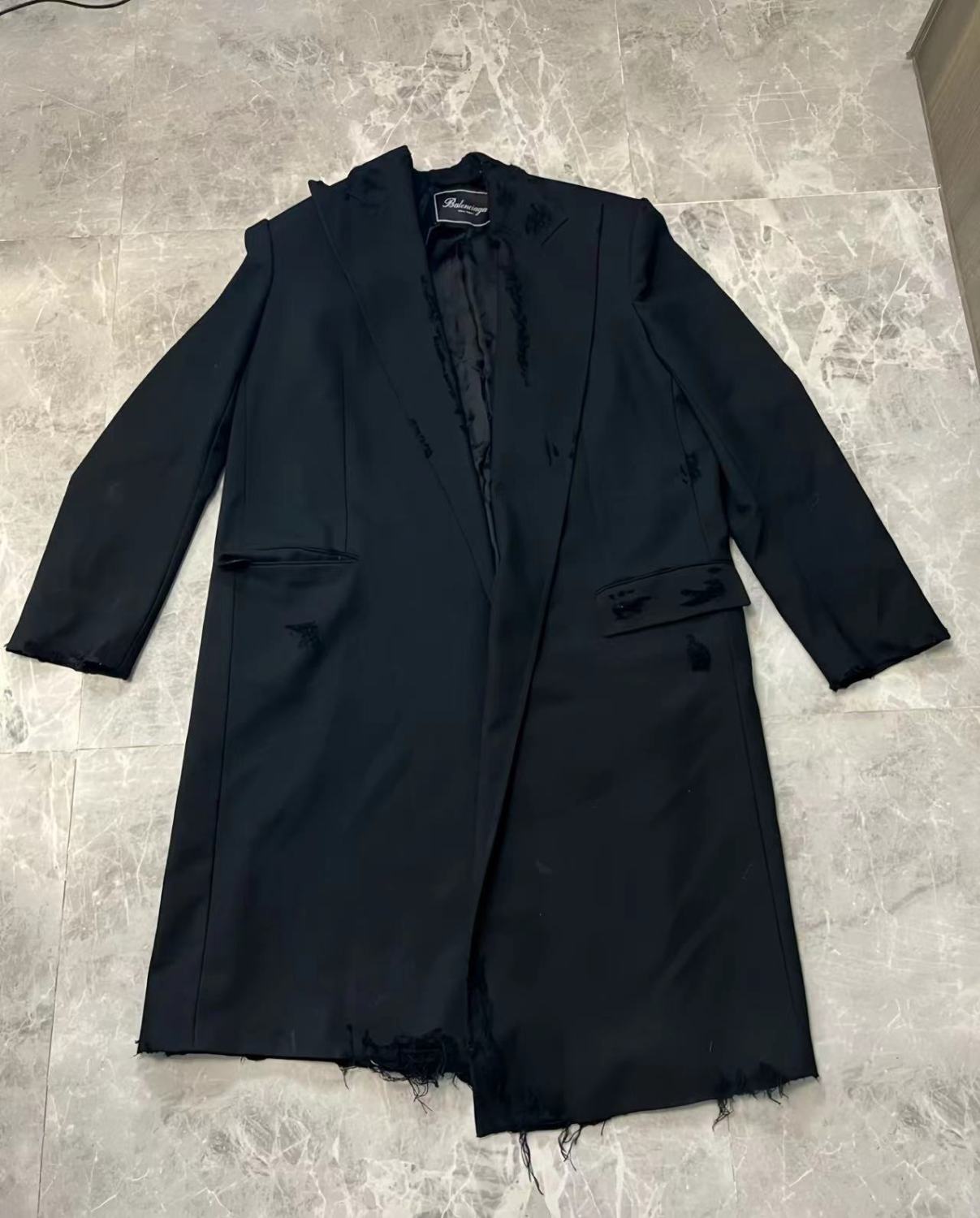 Balenciaga Men's Women's Spring And Autumn Doing Old Shoulder Pads Destroyed Loose Long Black Coat Jacket #7814