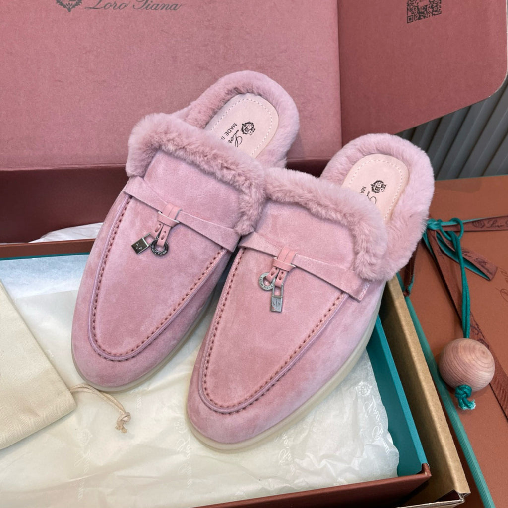 Loro Piana Women's Winter Fashion Casual Round Toe Slip On Beaver Fur Slippers Leather Rubber Sole Covered Toe Slippers  Shoes #78588