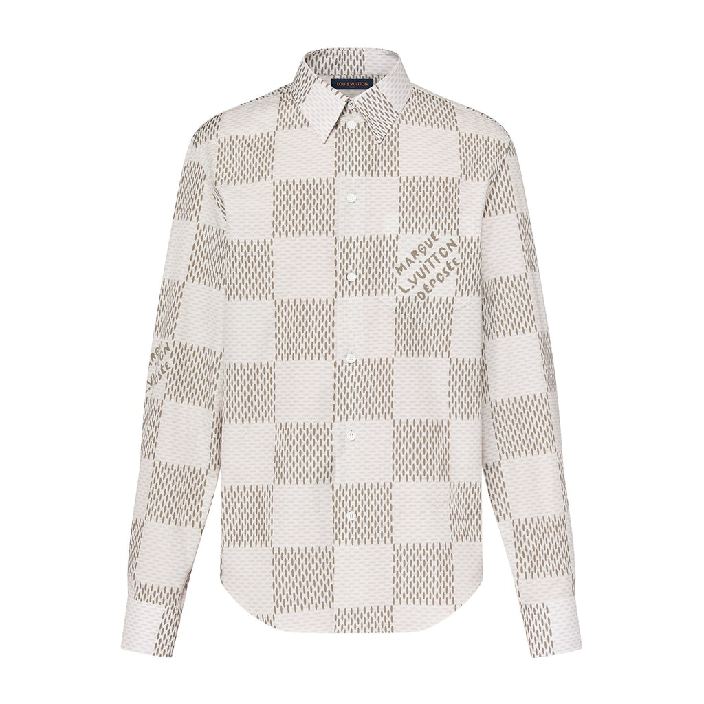 Louis Vuitton Men's Summer White Letter Check Printed Lapel Single Breasted Long Sleeve Shirt #99211