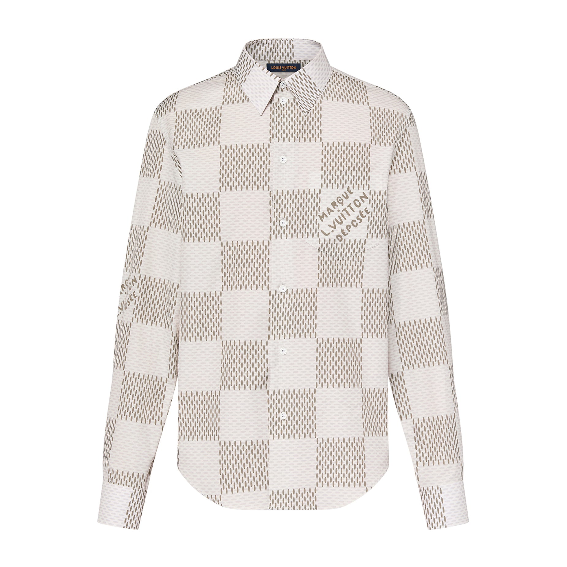 Louis Vuitton Men's Summer White Letter Check Printed Lapel Single Breasted Long Sleeve Shirt #99211
