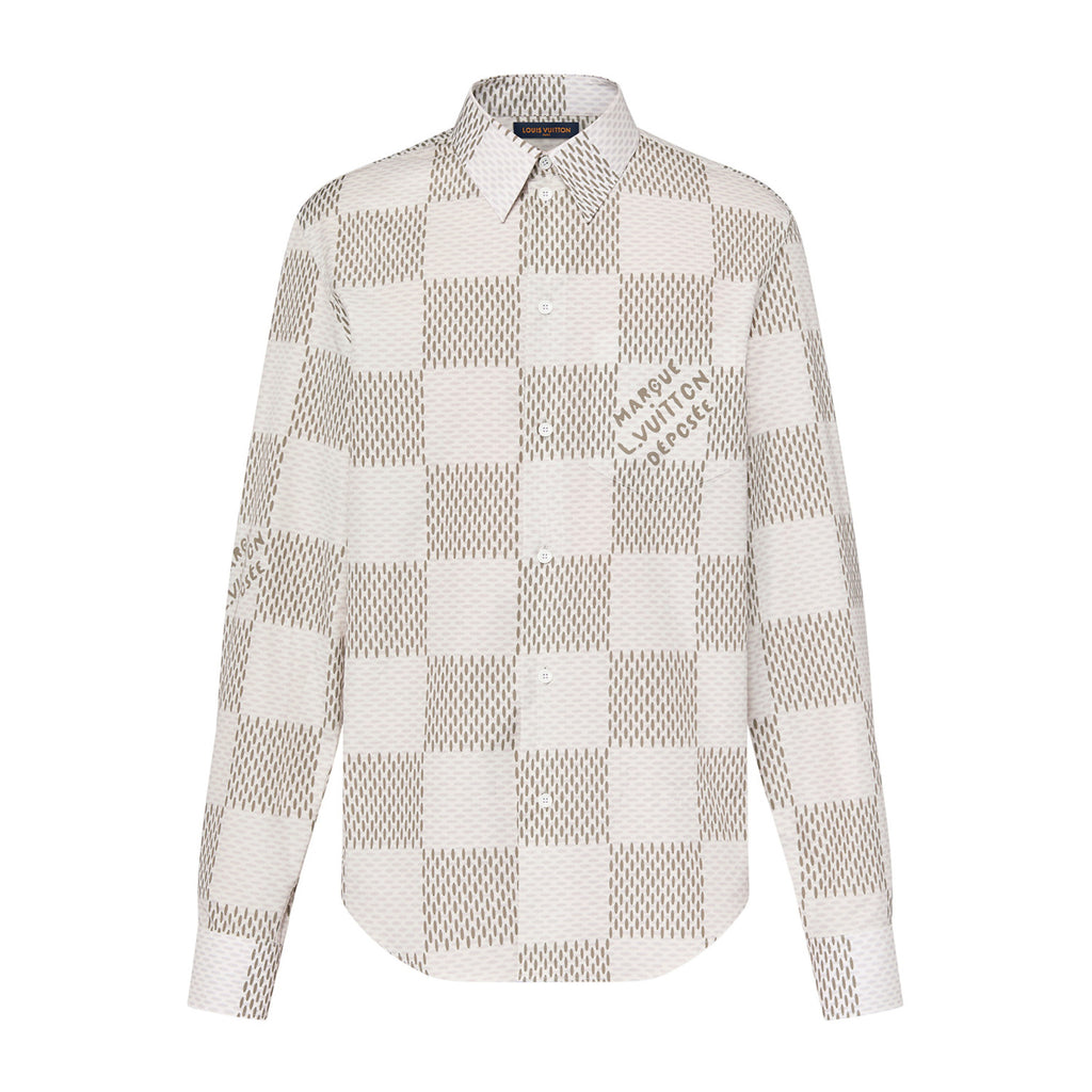 Louis Vuitton Men's Summer White Letter Check Printed Lapel Single Breasted Long Sleeve Shirt #99211