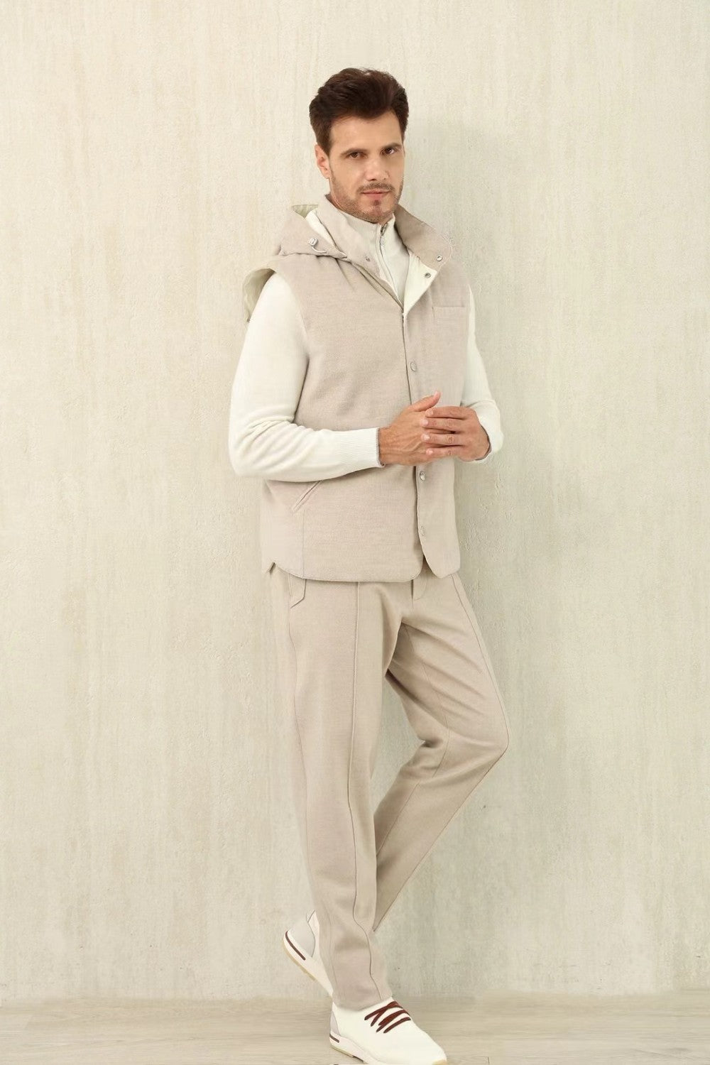 Brunello Cucinelli Men's Spring/Autumn Detachable Hooded Solid Color Single-Breasted Bonded Wool Flannel Down Vest Ngvp #2293