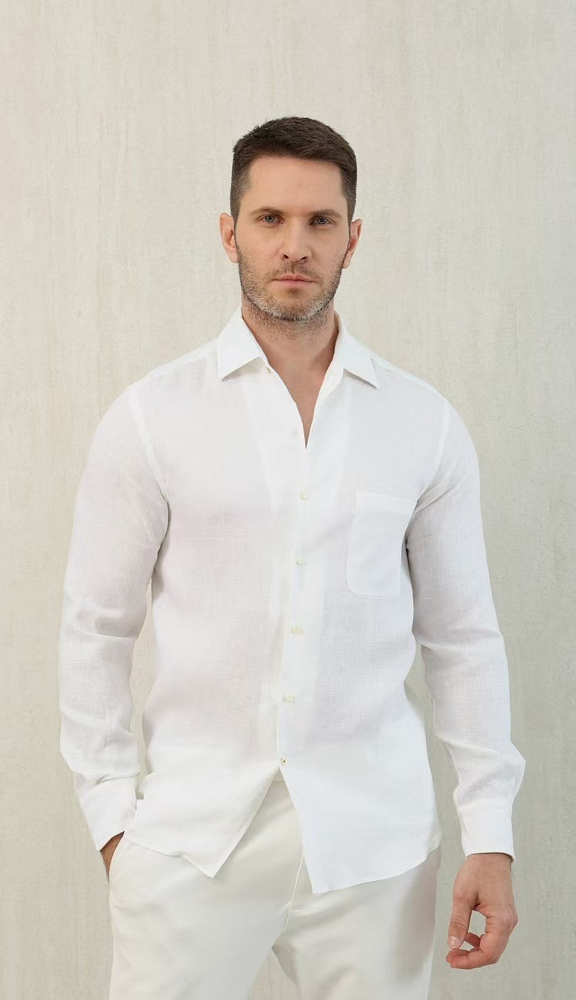 Loro Piana Men's Spring And Summer Solid Color André Shirt Lapel Single-breasted Linen Shirt Ngvp #7962