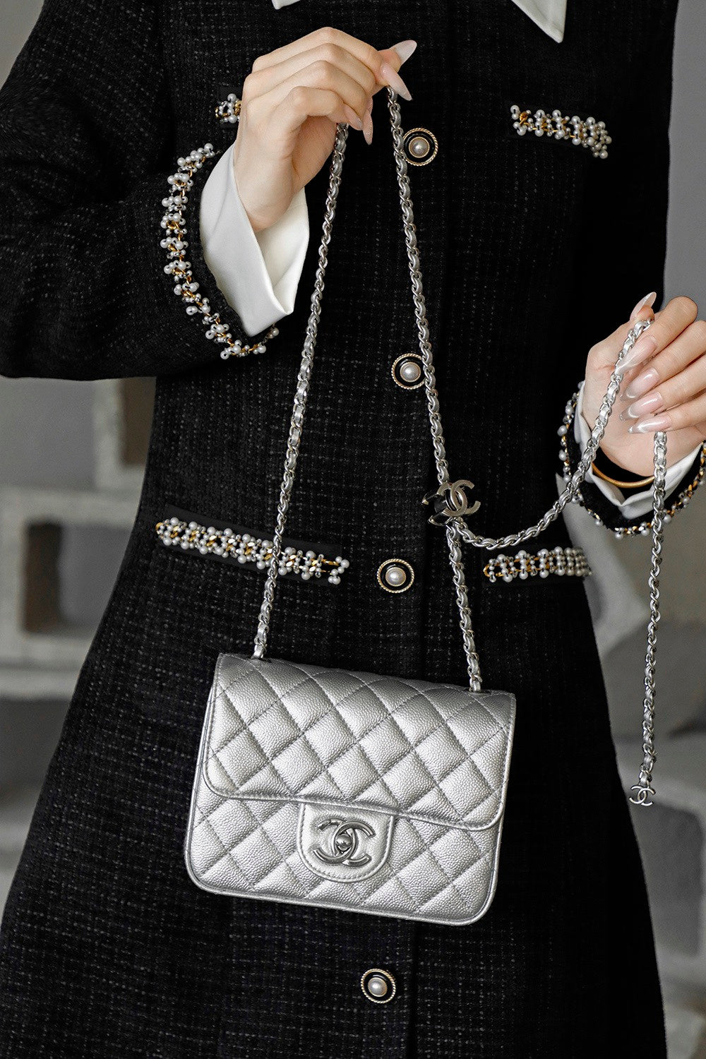 Chanel Classic Flap CF Lambskin Chain Bag Shoulder Bag Women's Silver #334148