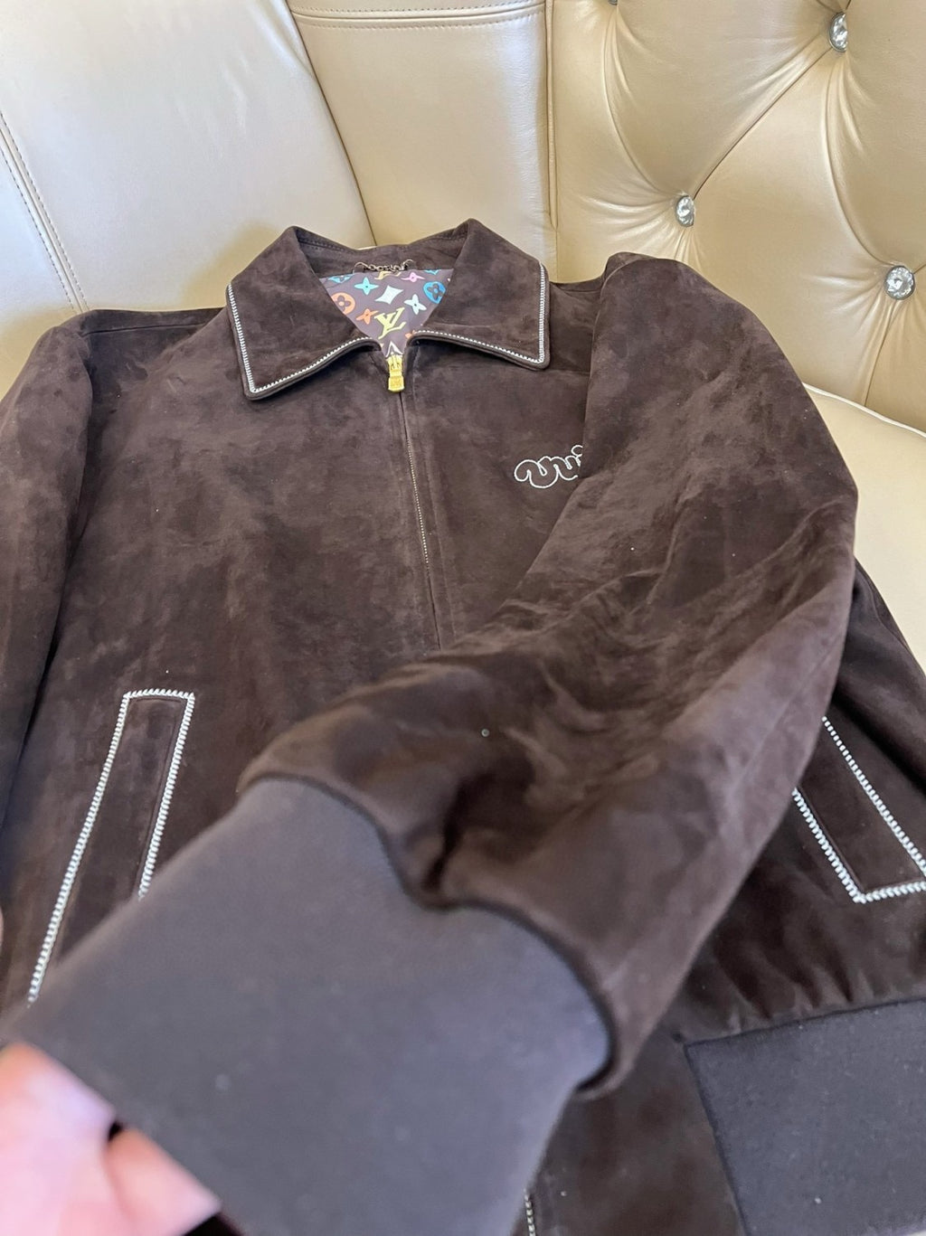 Louis Vuitton Men's Fall and Winter Brown Letter Zipper Lapel Casual Pilot Leather Long Sleeve Jacket #72671