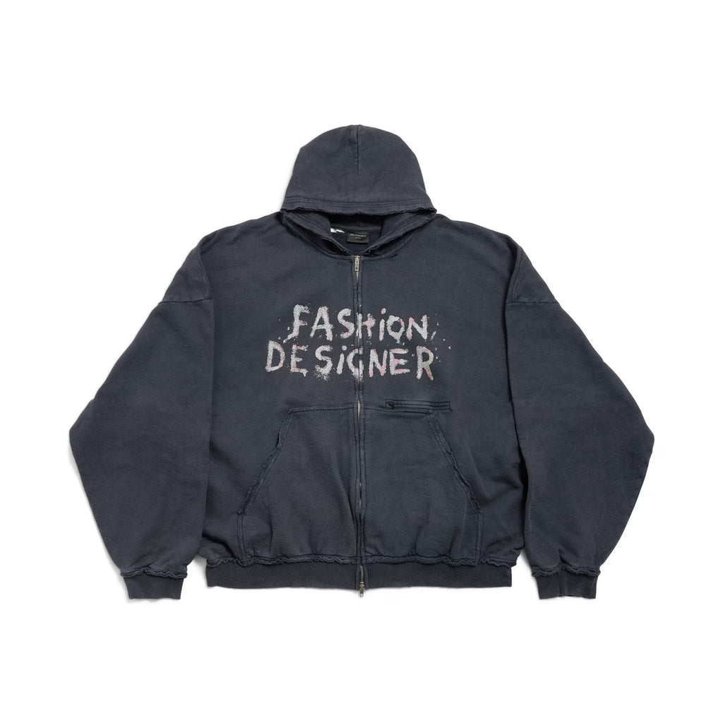 Balenciaga ﻿Men's And Women's Retro High Street Fashion Designer Pulled Zipper Large Fit Hoodie With Letter Print Faded Black Sweatshirt Ngvp #2285