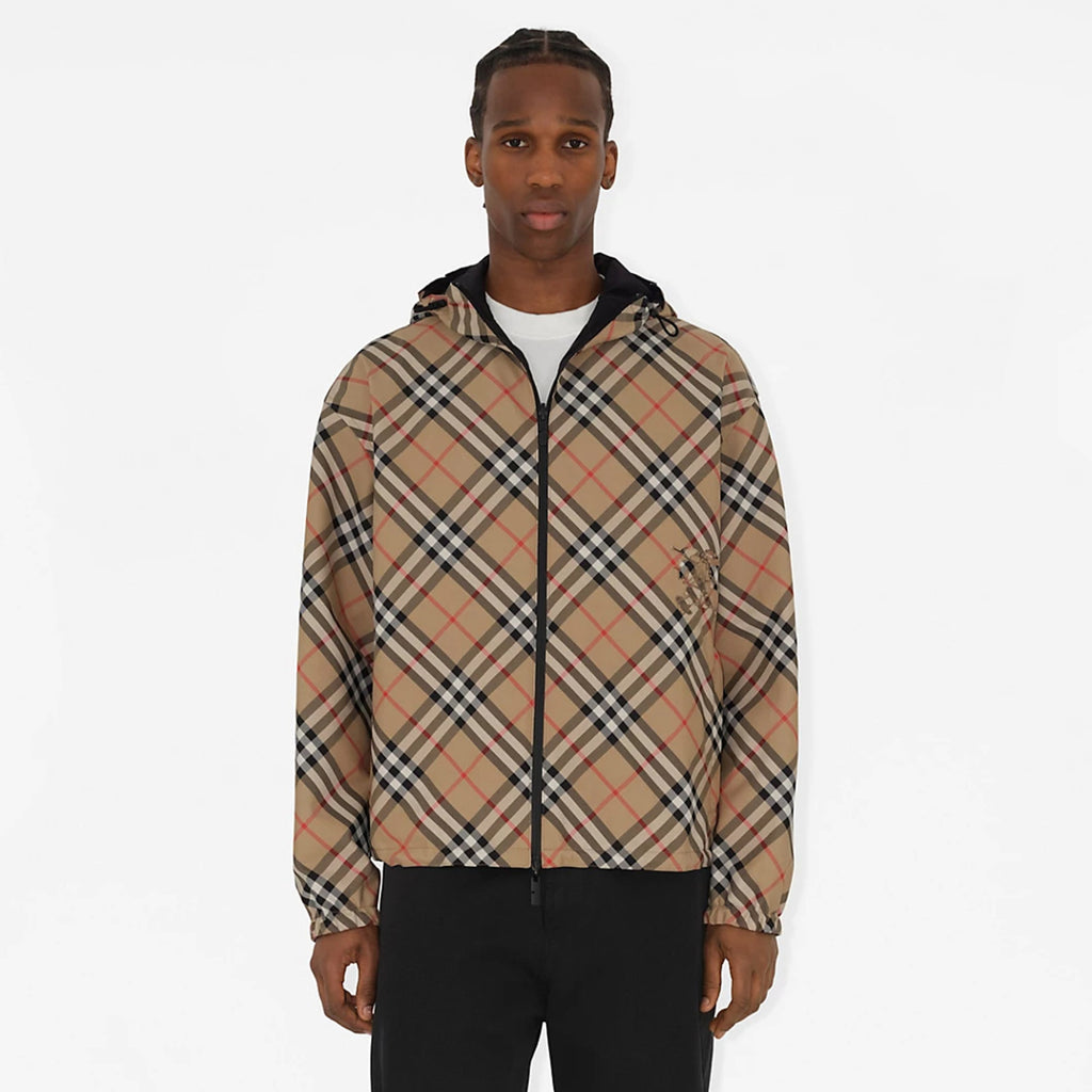 Burberry Men's Spring & Autumn Reversible Two Wear Plaid Jacket Equestrian Rider Logo Classic Drawstring Hooded Jacket #81224