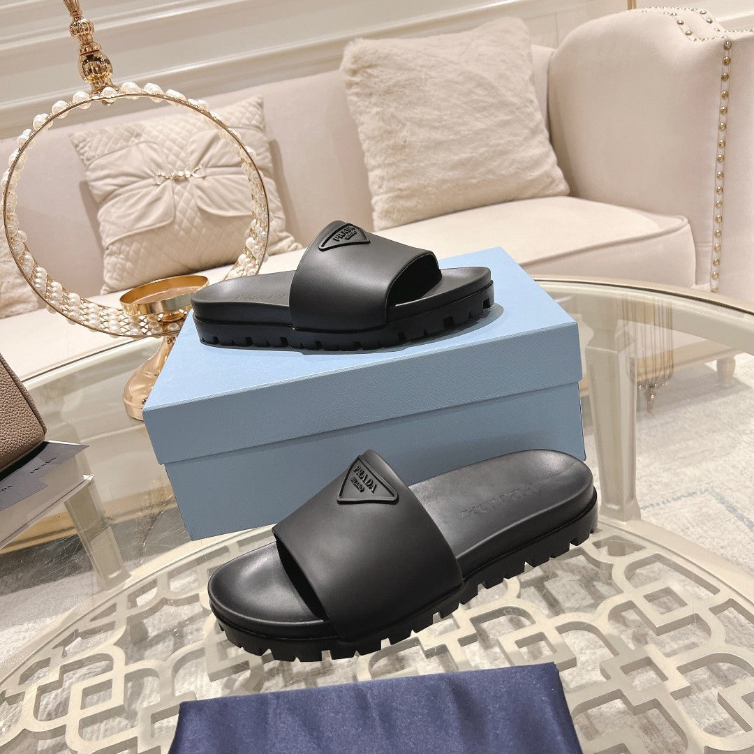 Prada Men's And Women's Summer Solid Colour Cowhide Leather Sandals And Slippers Shoes #76974