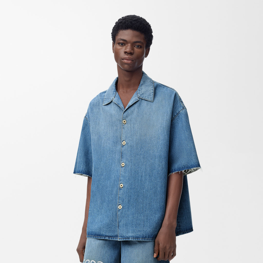 Loewe Men's Spring/Summer Fashion Casual Cotton Collared Single-breasted Patterned Printed Washed Denim Short-sleeved Shirt #78251