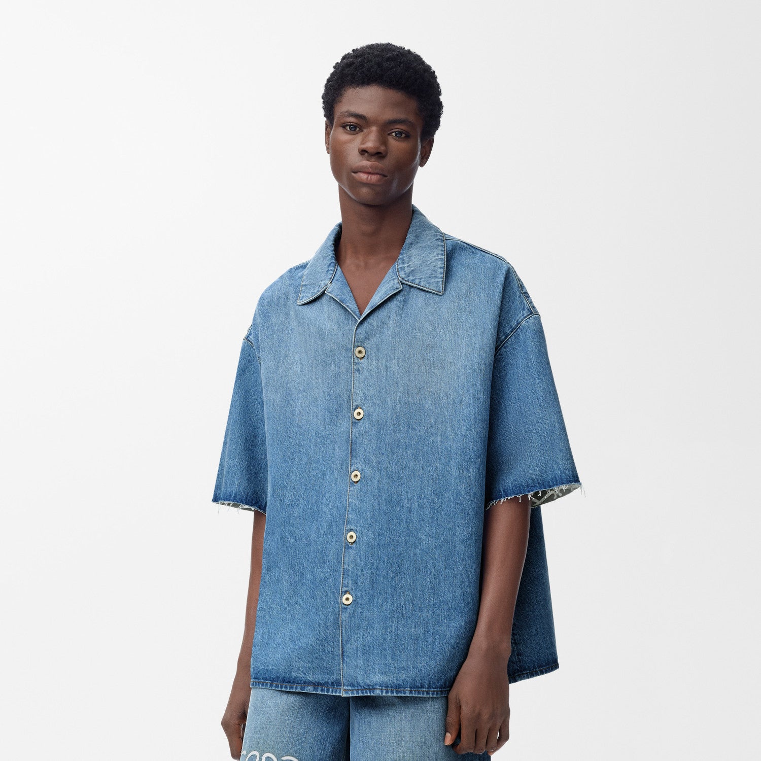 Loewe Men's Spring/Summer Fashion Casual Cotton Collared Single-breasted Patterned Printed Washed Denim Short-sleeved Shirt #78251