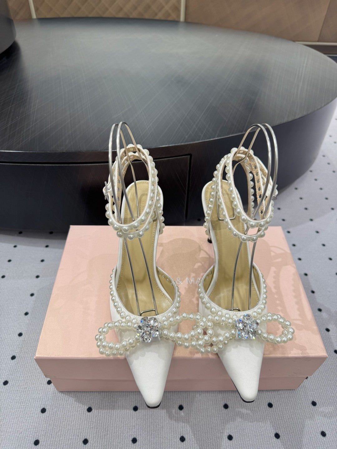Mach & Mach Women's Spring. Summer And Autumn Pointed Toe Pearl Decorated Solid Color High Heels Fine Heeled 9cm Casual Sandals Shoes #77674