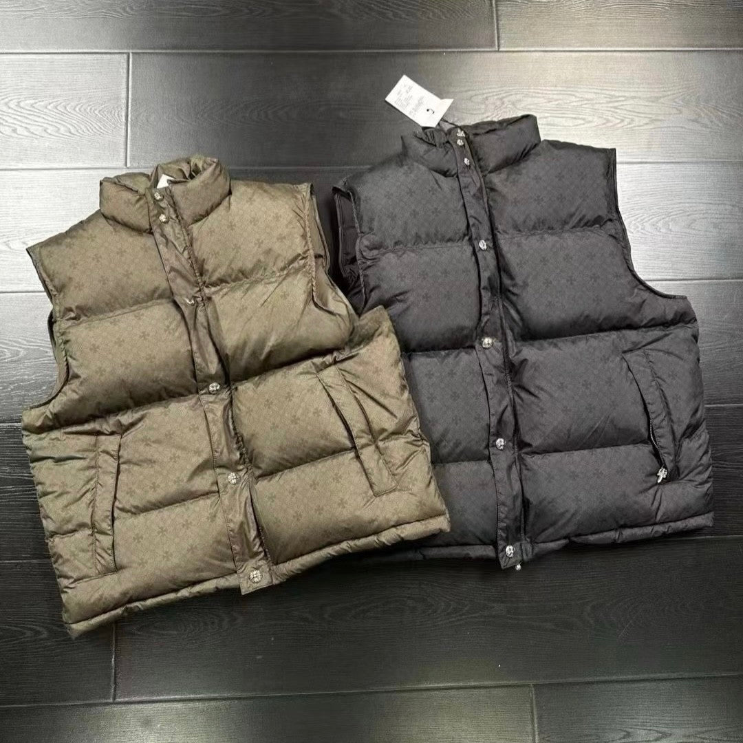 Chrome Hearts Men's And Women's Fall/Winter Fashion Casual Stand Collar Zipper Single Button Hidden Pattern 925 Sterling Silver Hardware Down Sleeveless Vest #79126