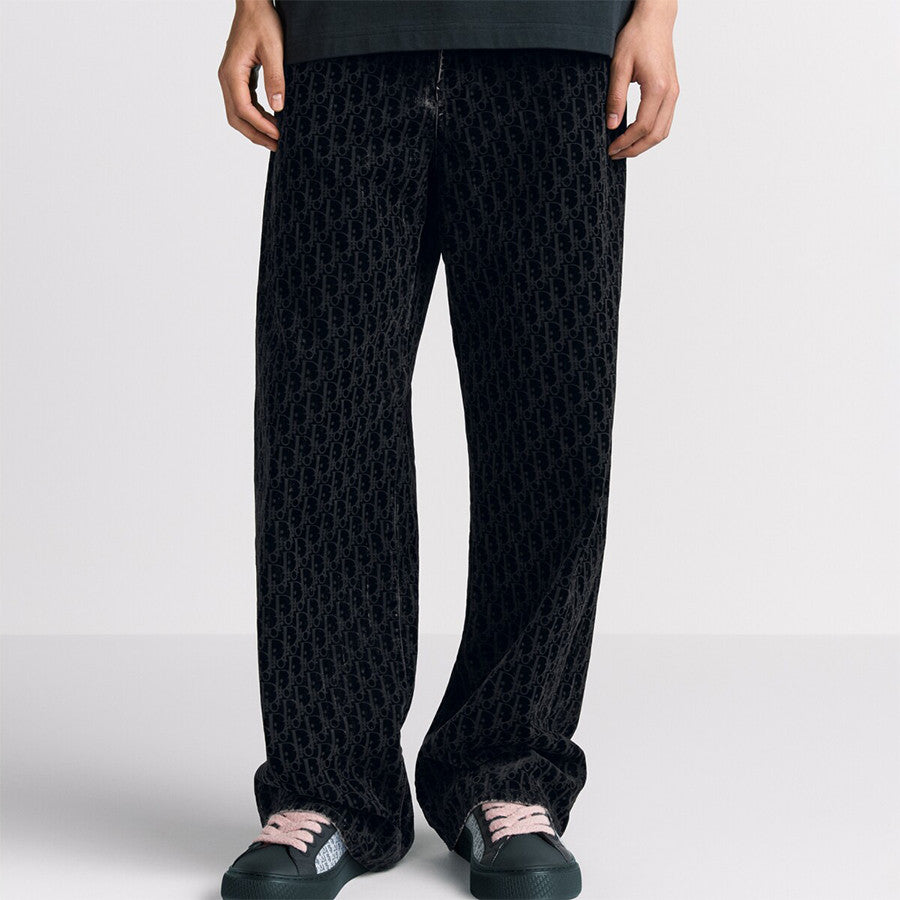 Dior Men's Dior And Kaws Collection Four-Season Cotton-Blend Solid-Color Button-Fly Flocked Denim Pants #81751