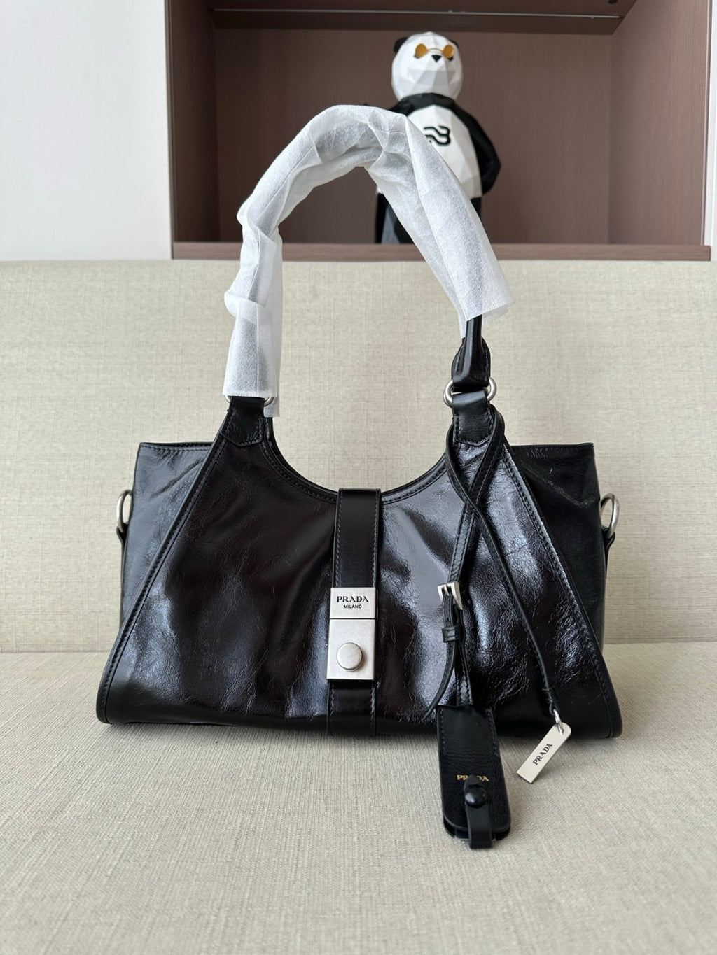 Prada Women's Fashion Classic Solid Color Leather Monogram Lock Clasp Medium Leather Tote Bag Shoulder Bag Bags #78672