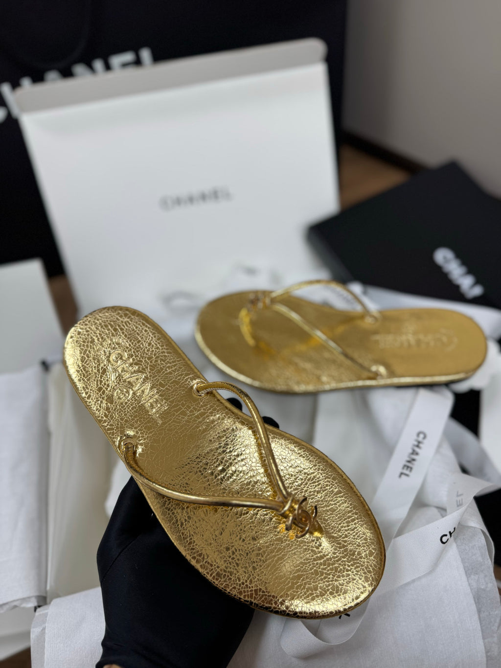 Chanel Mules Crackled Laminated Calfskin Gold #379231