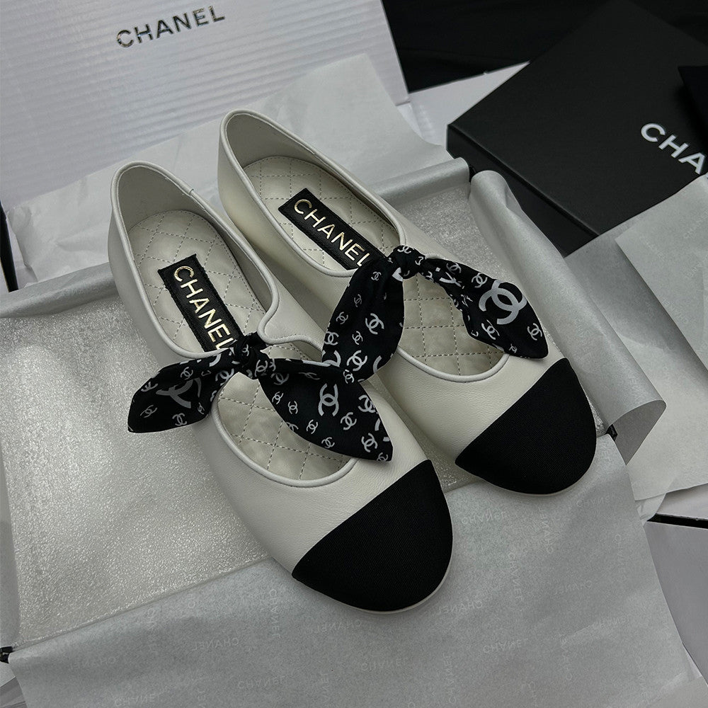Chanel Mary Janes Lambskin Silk Grosgrain White Black #334248