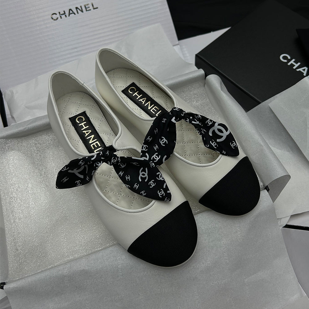 Chanel Mary Janes Lambskin Silk Grosgrain White Black #334248
