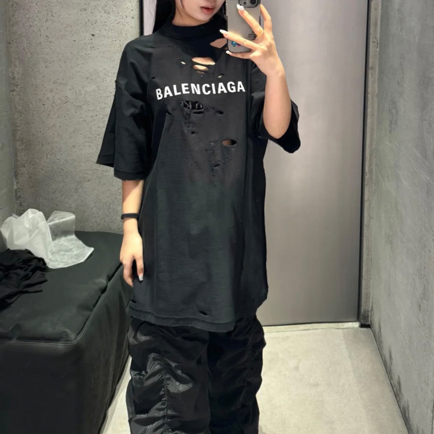 Balenciaga Men's Women's Summer Black Retro Torn High Street Large Silhouette Letter Logo Short Sleeve T Shirt #99292
