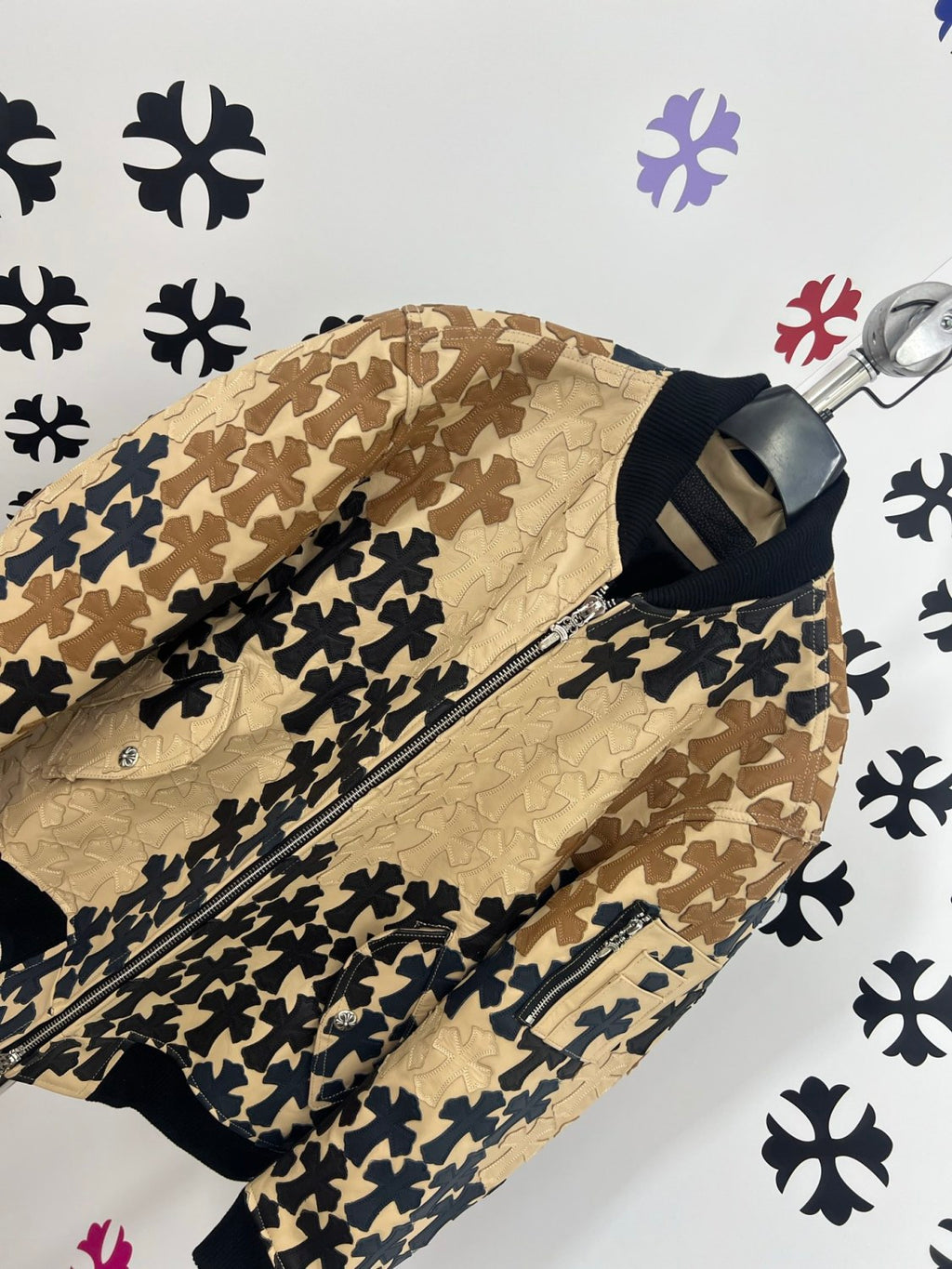 Chrome Hearts Men's Spring/Summer Classic Fashion Zipper Long Sleeve Cowhide Leather Cross Print Jacket #78221