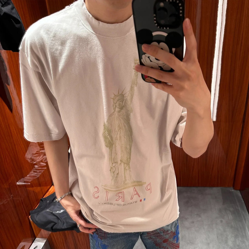 Balenciaga Men's Spring/summer Statue Of Liberty Solid Color Retro Loose Casual Plain Knitted Large Silhouette Short Sleeved T-shirt Ngvp #8352