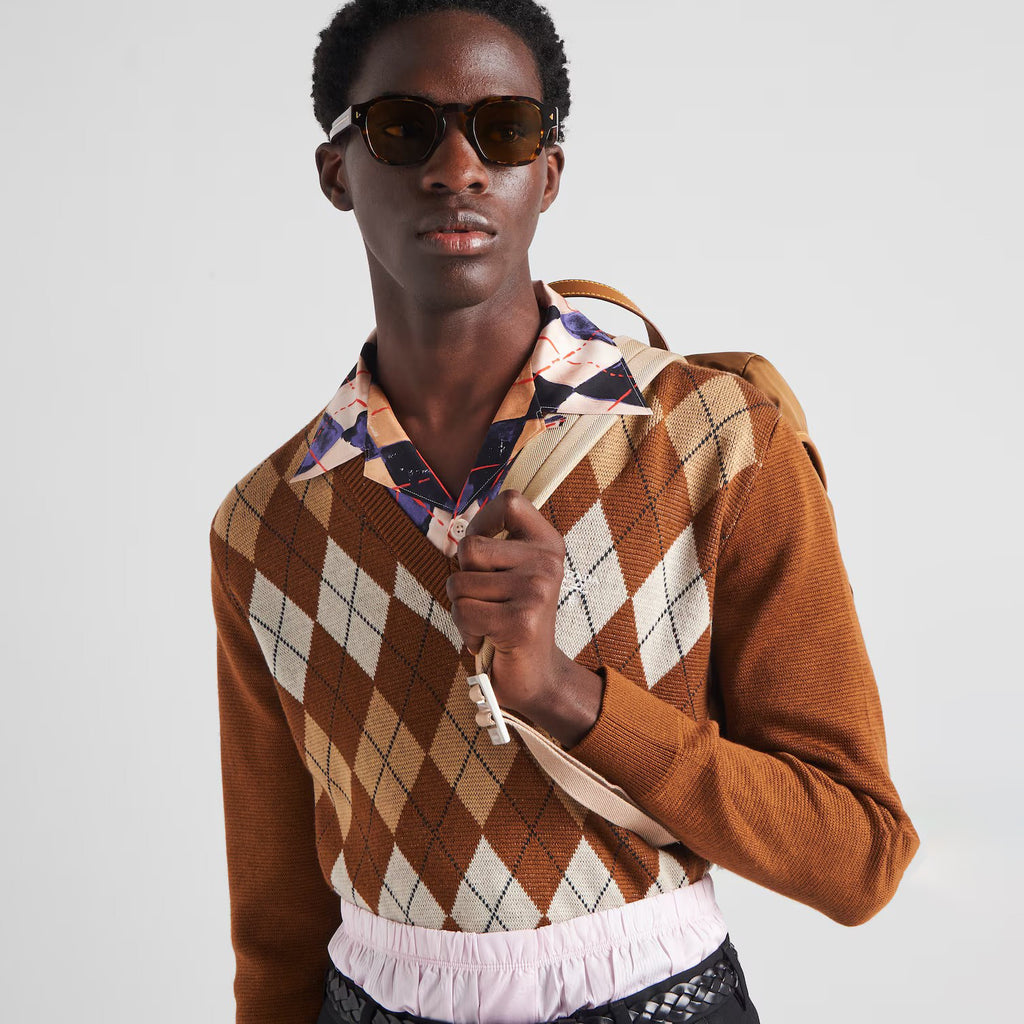 Prada Men's Spring And Fall Brown Diamond Applique V-neck Knitted Wool Casual Long Sleeved Sweater #73612