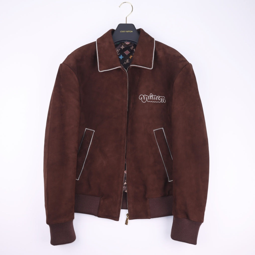 Louis Vuitton Men's Fall and Winter Brown Letter Zipper Lapel Casual Pilot Leather Long Sleeve Jacket #72671
