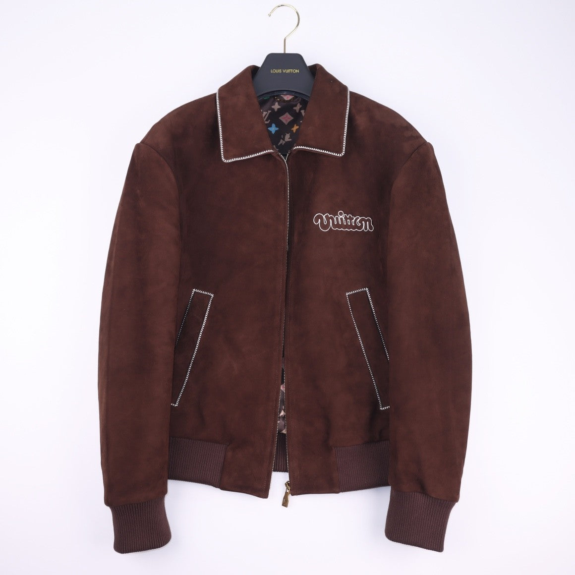 Louis Vuitton Men's Fall and Winter Brown Letter Zipper Lapel Casual Pilot Leather Long Sleeve Jacket #72671