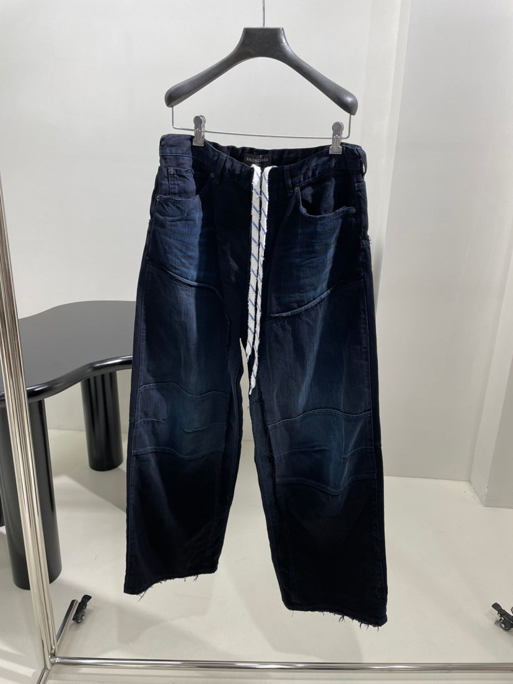 Balenciaga Men's And Women's Spring And Fall Splicing Fence Mid Waist Placket Zipper Straight Tie Jeans Pants #75357