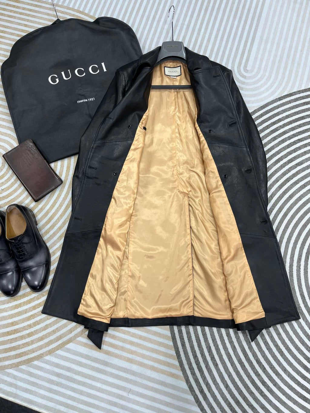 Gucci Men's Fall And Winter Black Double Breasted Lace Up Drawstring Lambskin Long Coat Jacket #99879