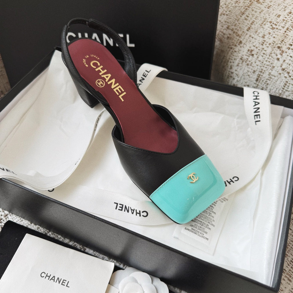 CHANEL Pumps Lambskin Patent Calfskin Black Green 6.5 CM #380111