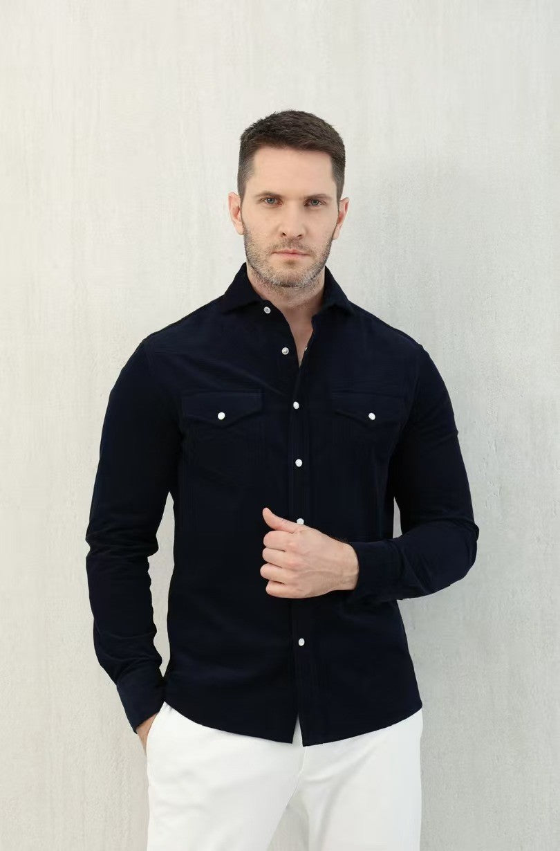 Brunello Cucinelli Men's Spring And Fall Cotton Lapel Solid Color Single-Breasted Chest Pocket Long Sleeve Fitted Shirt Ngvp #1557