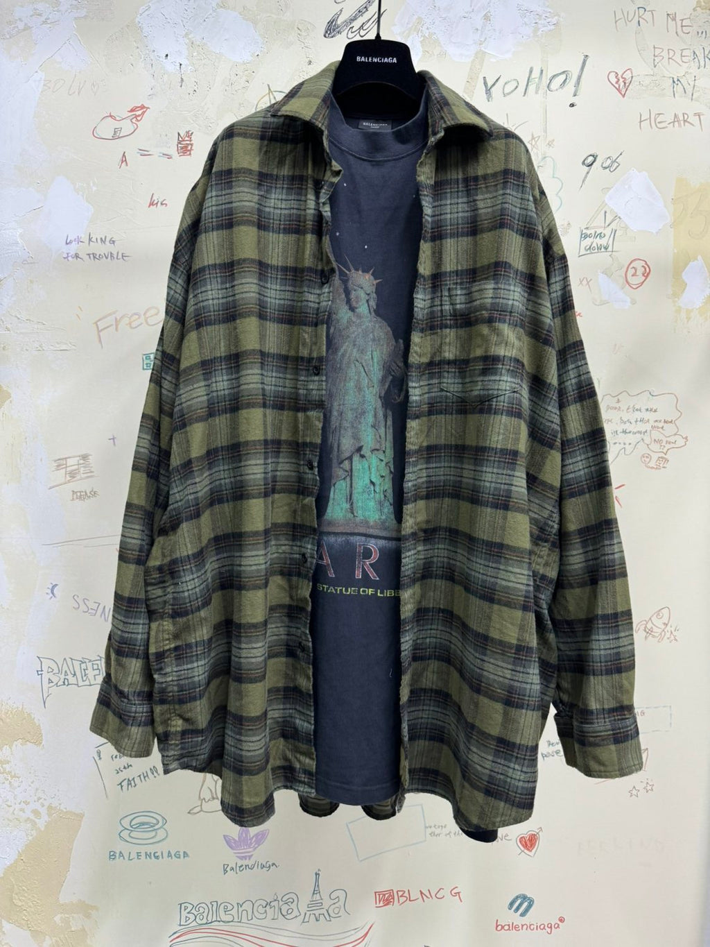 Balenciaga Men's Spring And Autumn Checkered Lapel Aged Cotton PARIS LIBERTY Loose Long Sleeve Solid Layered Shirt #73368