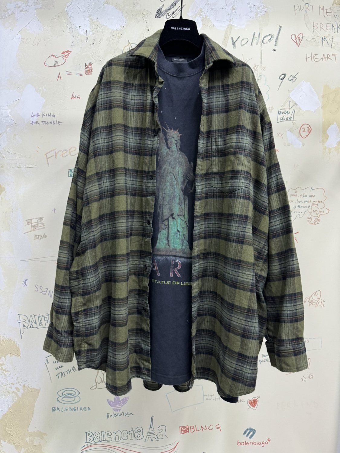 Balenciaga Men's Spring And Autumn Checkered Lapel Aged Cotton PARIS LIBERTY Loose Long Sleeve Solid Layered Shirt #73368