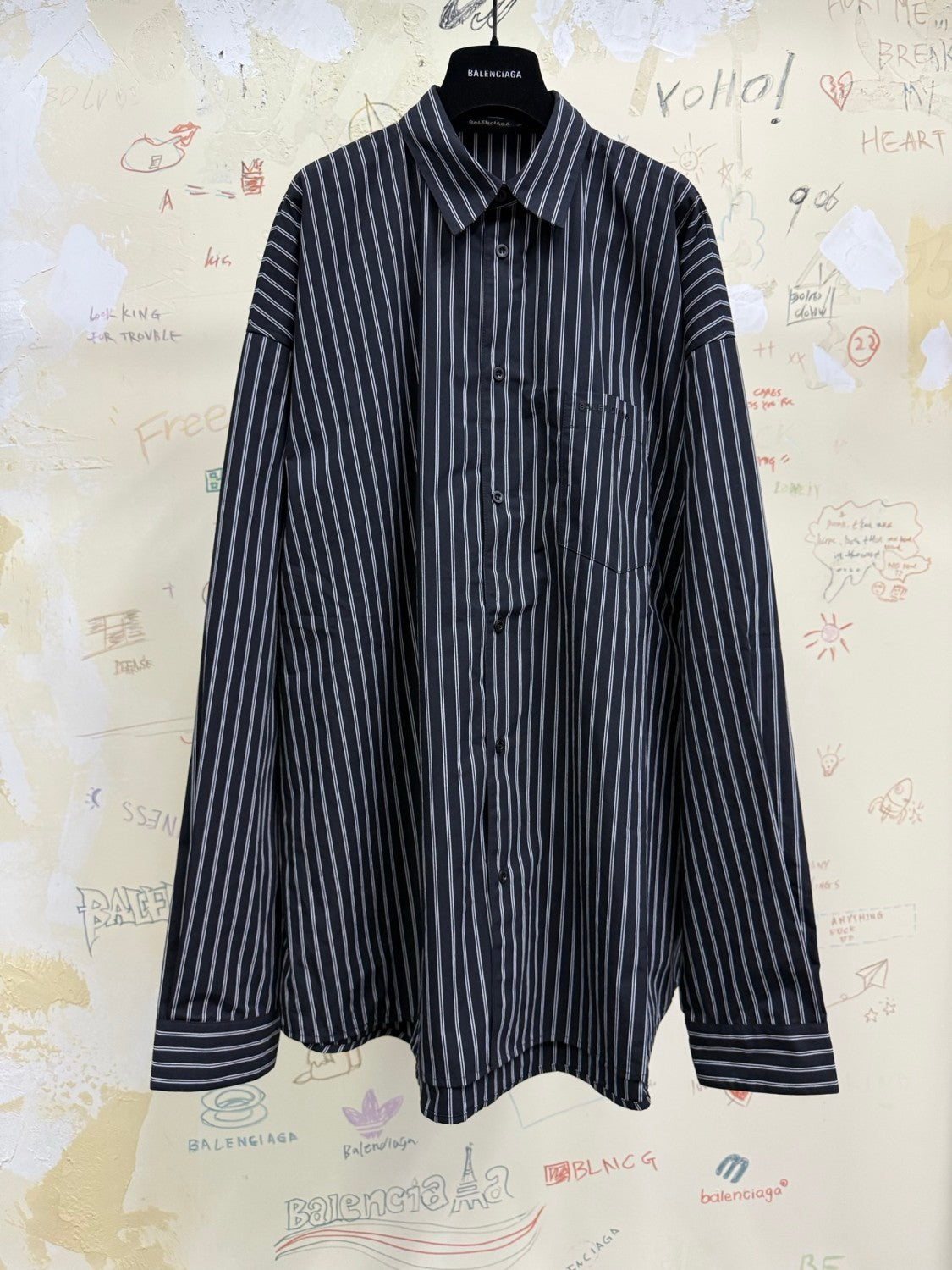 Balenciaga Women's Spring and Fall Flatground Black and White Striped Cotton Poplin Single Breasted Long Sleeve Shirt #76489
