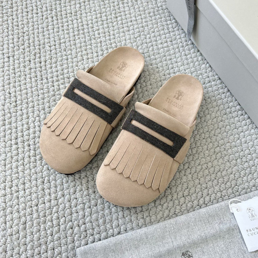 Brunello Cucinelli Monili Embellished Loafers Mule Shoes Women's Suede Slippers Solid Colour Fashion Trend Casual Comfort Slippers Sandals  Ngvp #1489