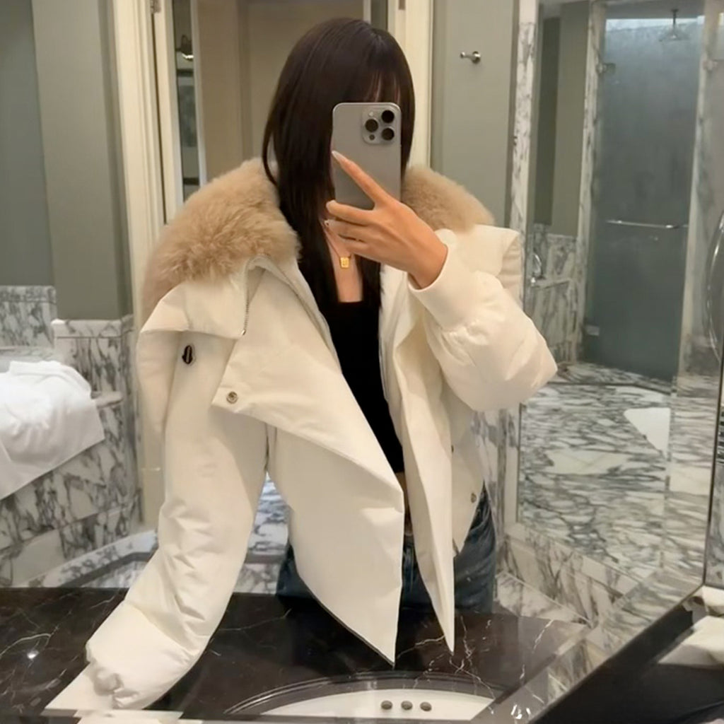 Moncler x Rick Owens Men's Women's Autumn And Winter Large Fur Collar Removable Trend High Street White Down Jacket Zip Hooded Jacket Ngvp #9794