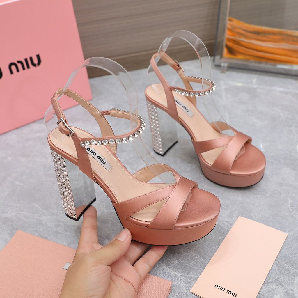 MiuMiu Women's Summer Solid Colour Sheepskin Diamonds High Heeled Sandals Shoes #76786
