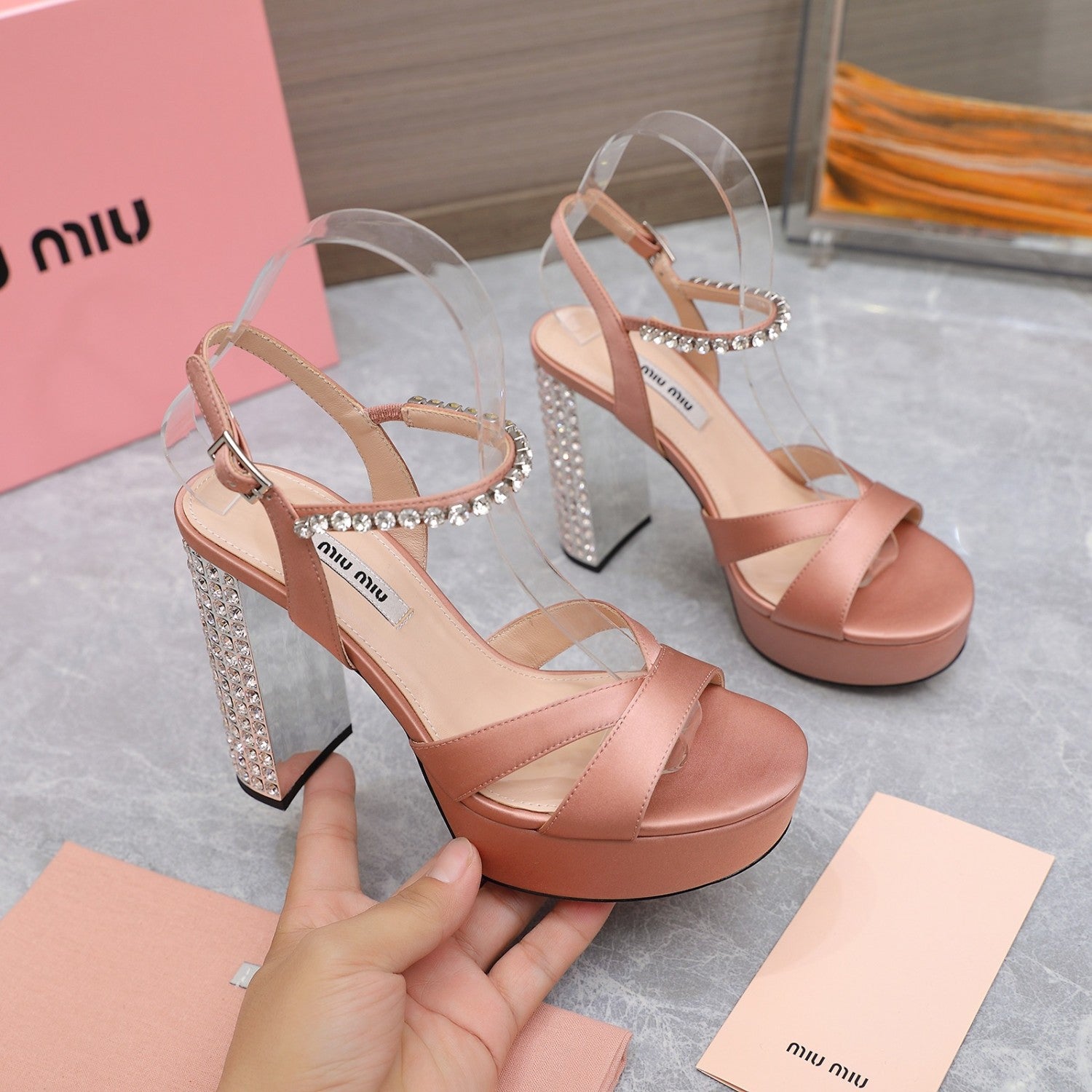 MiuMiu Women's Summer Solid Colour Sheepskin Diamonds High Heeled Sandals Shoes #76786