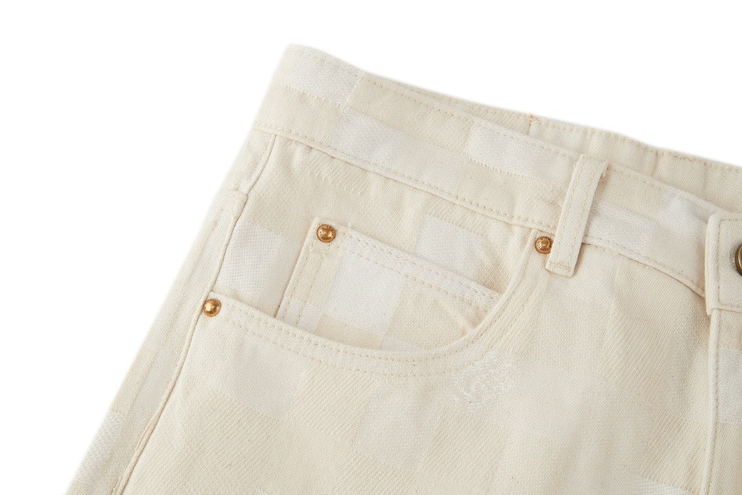 Louis Vuitton Men's Spring Summer Beige Plaid Jacquard Mid-Rise Straight Leg Jeans Pants #99881