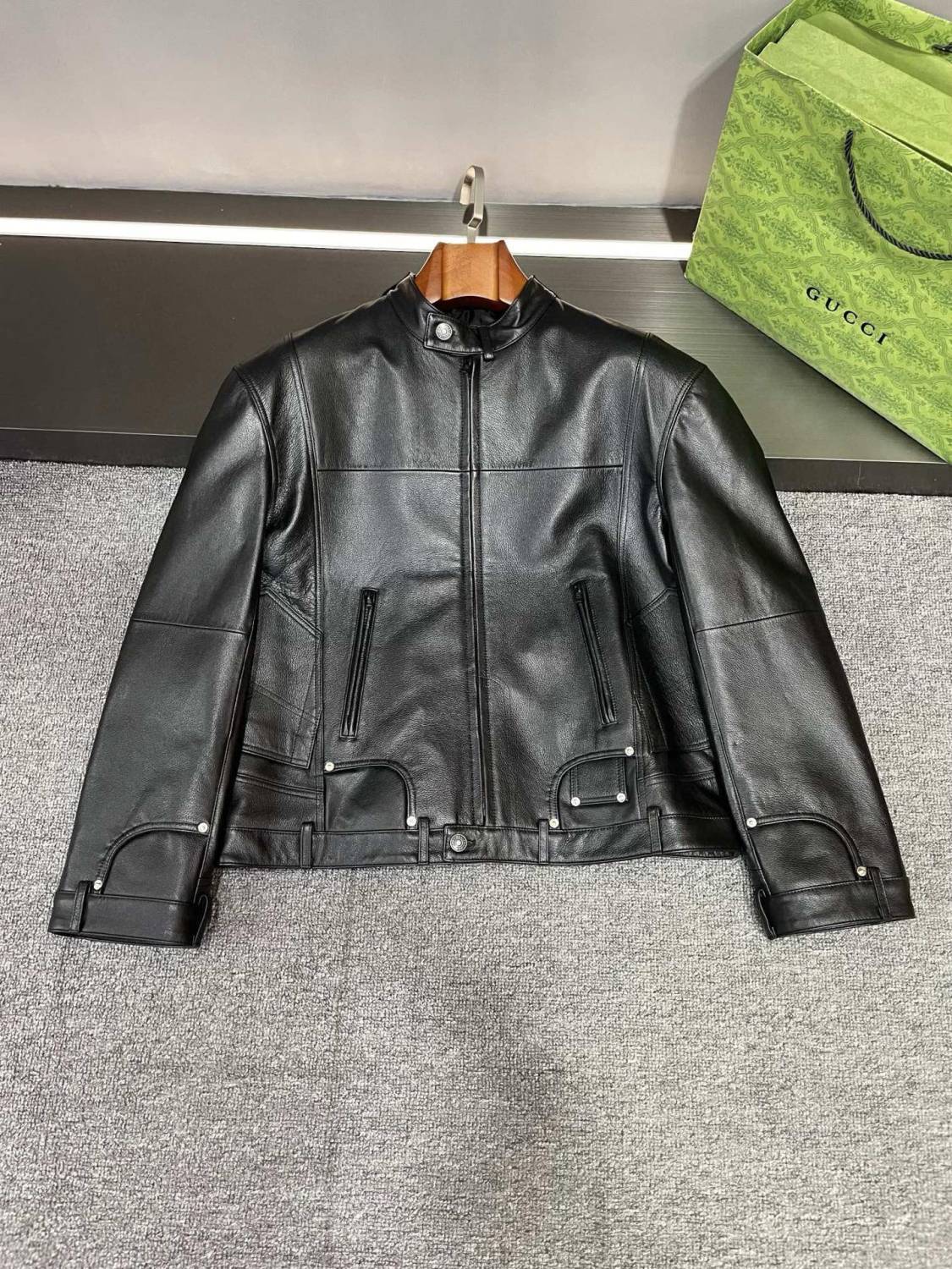 Balenciaga 25FW Cowhide Jacket Bew Double Zipper Ribbed Cuffs Leather Jacket Loose Version #332836
