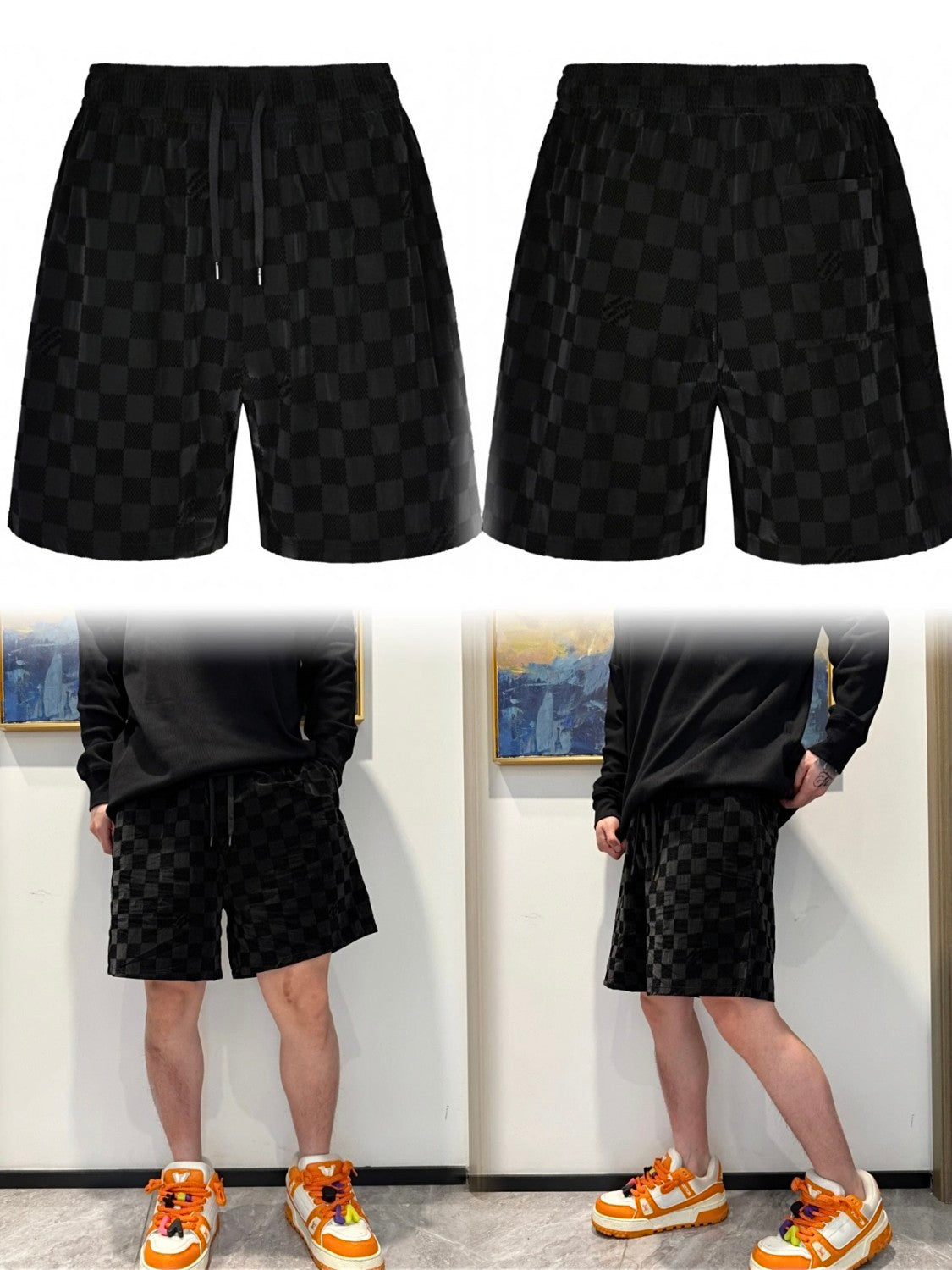 Louis Vuitton Men's Spring/summer Flocked Tech Shorts Checkerboard Marque L.vuitton Déposée Logo Velvet Solid Color Elastic Waist Wide Leg Comfortable Pants #81411