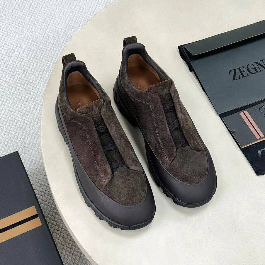 Ermenegildo Zegna Triple Stitchâ„?Monte Men's Fall/Winter Fashion Casual Round Toe Slip On Leather Suede Low Top Slip On Sneakers Shoes #78782